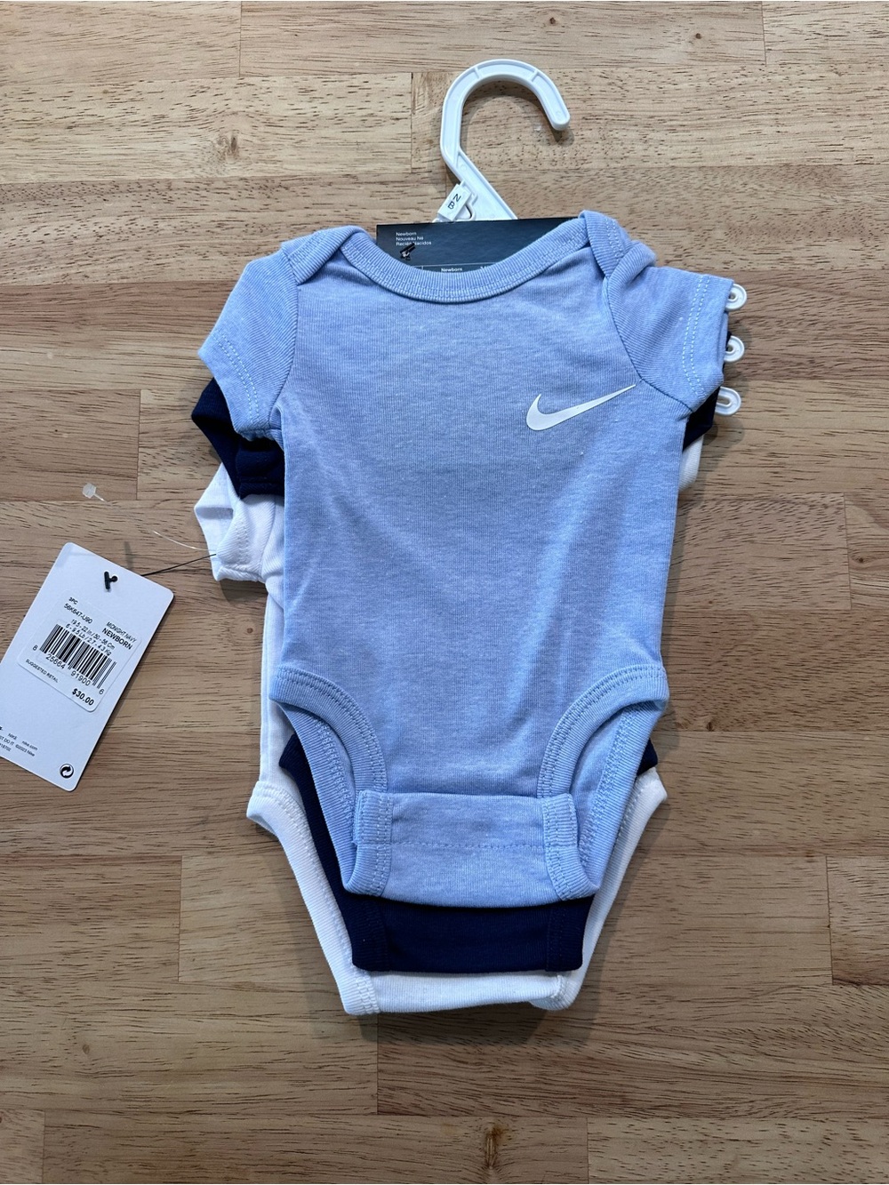 Nike Baby Bodysuit 3-Pack in White, Navy & Light Blue - Sz NB - Picture 2 of 4